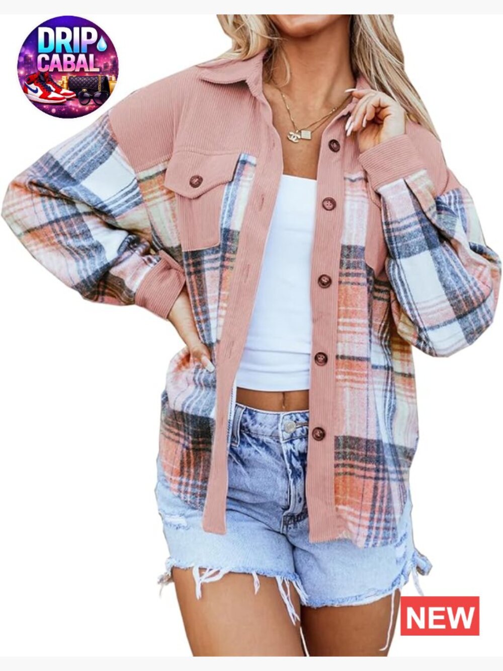 Plaid Corduroy Patchwork Shackets Flannel Button Down Shirt Jacket